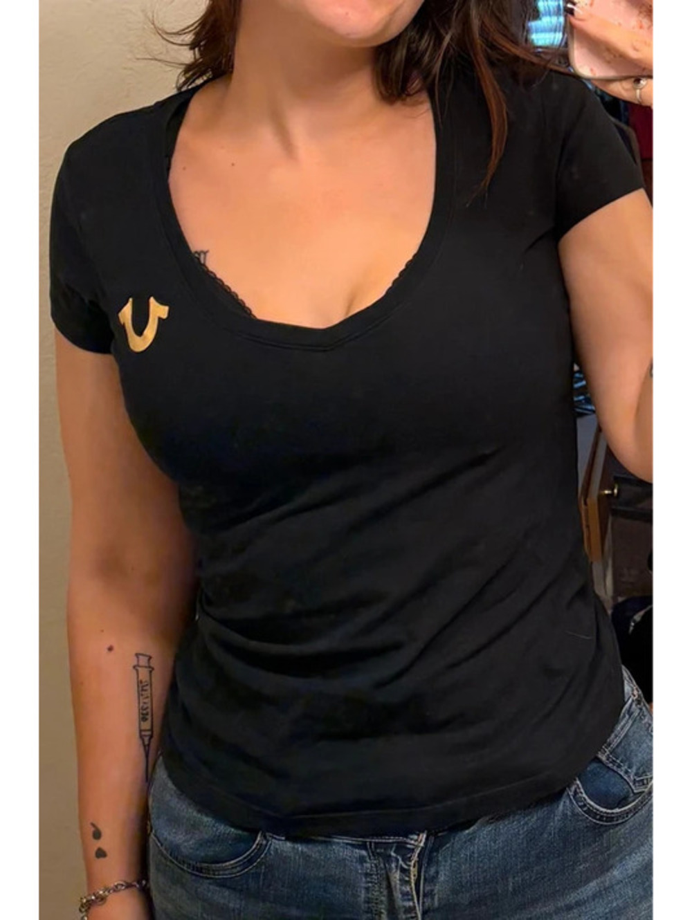 Black and Gold True Religion Fitted Short Sleeve Shirt